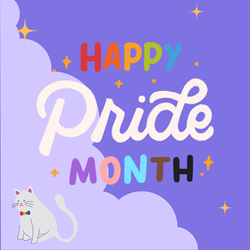 graphic with purple background, with a cat wearing a rainbow bowtie in the bottom left. The text says 'Happy Pride Month' 